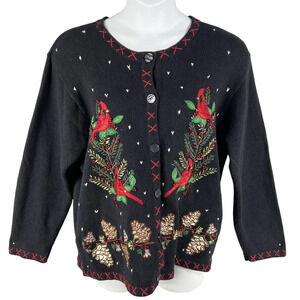 VTG In Resource Woman 2XL Black Cardinal Pinecone Embroidered Cardigan Sweater